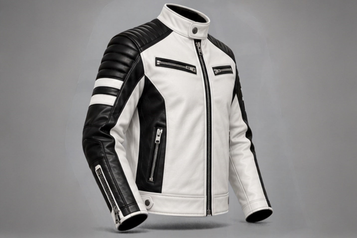 Men’s white and black leather biker jacket left side views