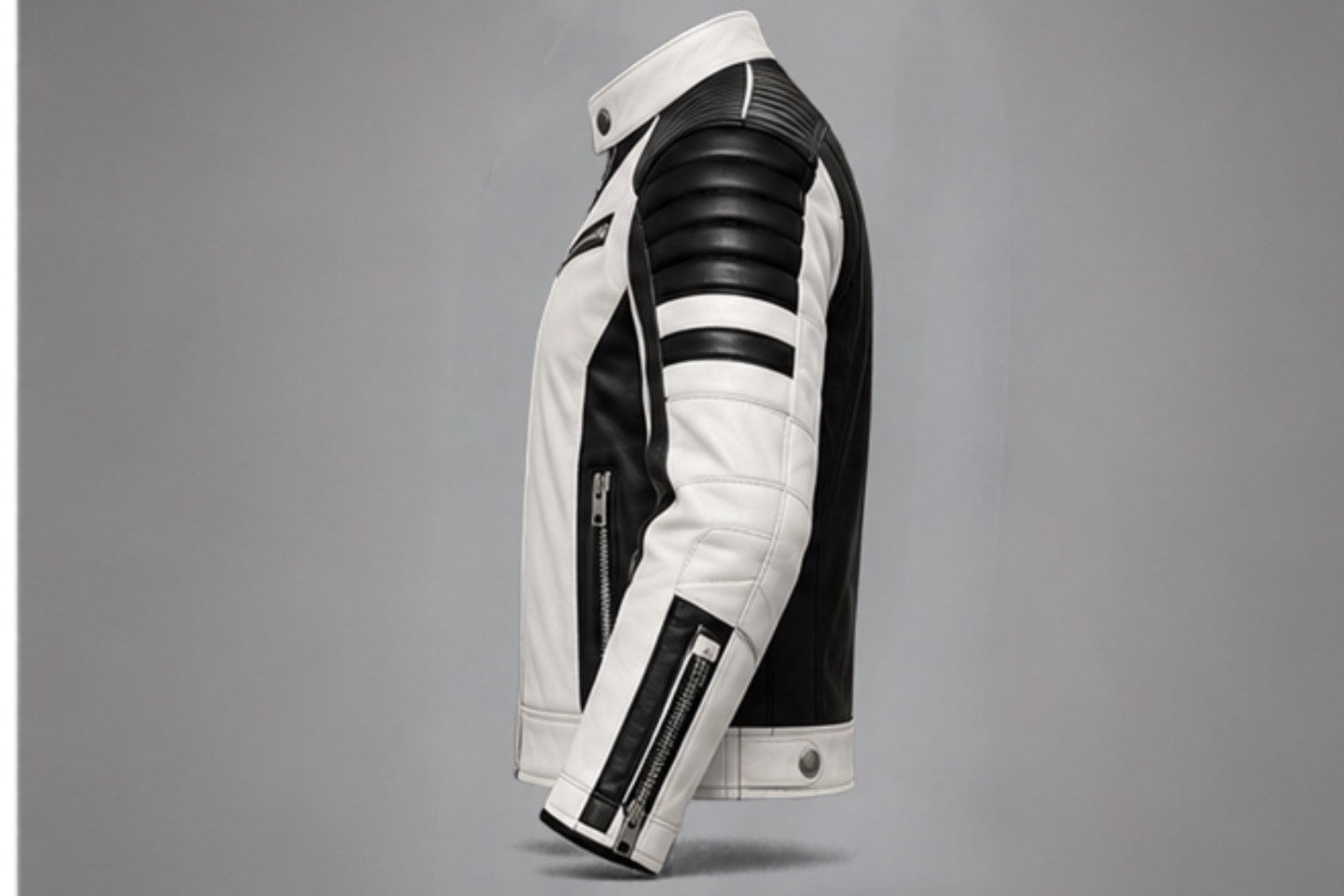 Men’s white and black leather biker jacket right side views
