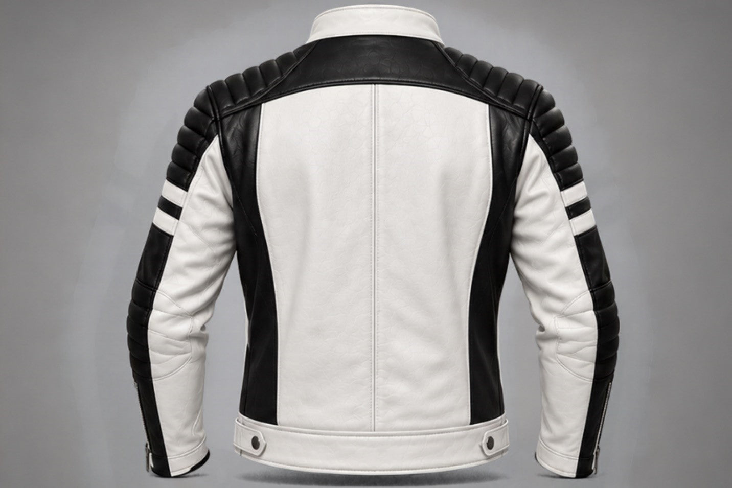Men’s white and black quilted leather biker jacket back views