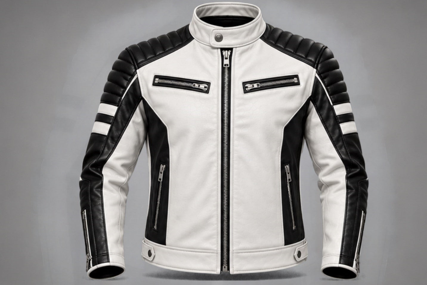 Men’s white and black quilted leather biker jacket front views