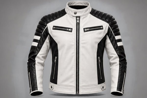 Men’s white and black quilted leather biker jacket front views