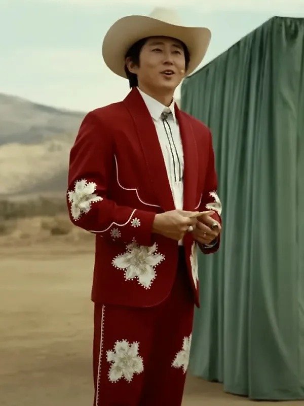 Nope 2022 Steven Yeun Red Cowboy Suit Front Veiws