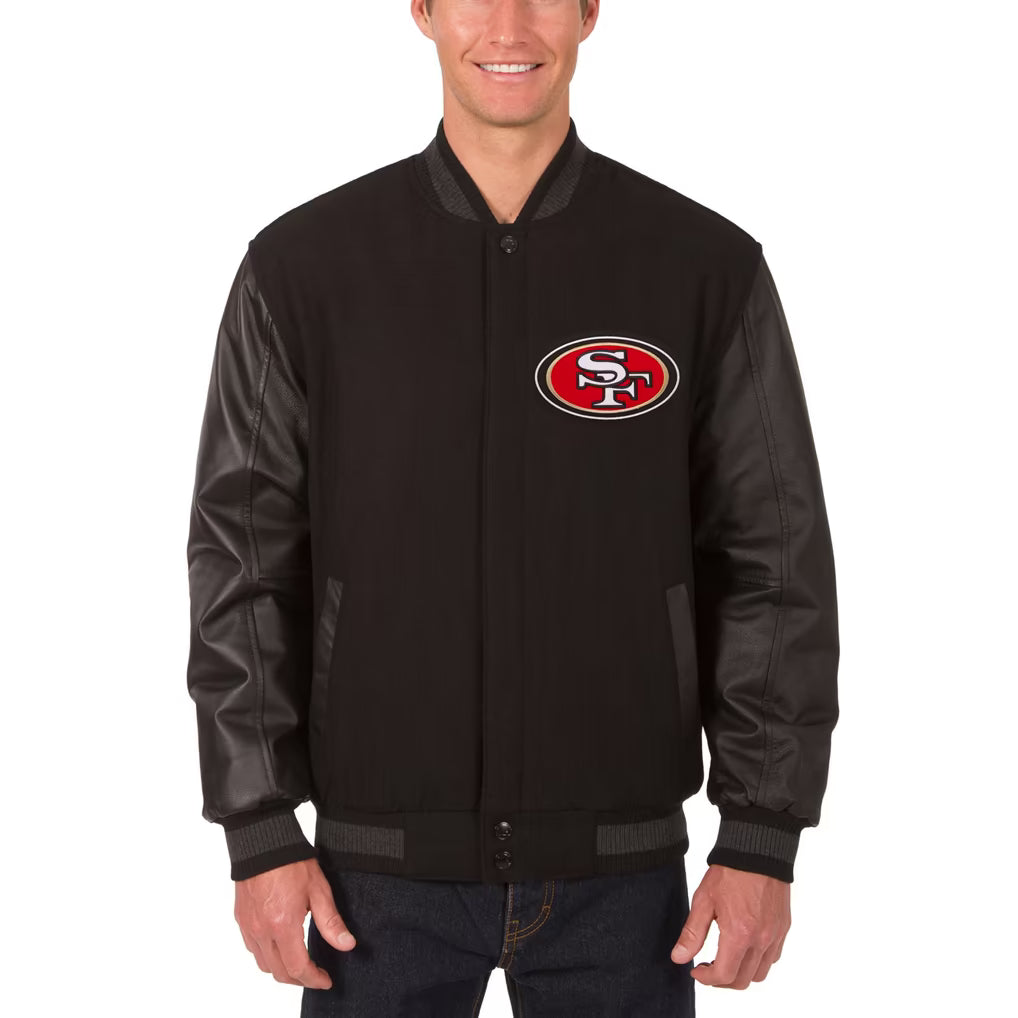 San Francisco 49ers JH Design Reversible Wool & Leather Black Jacket Front Veiws