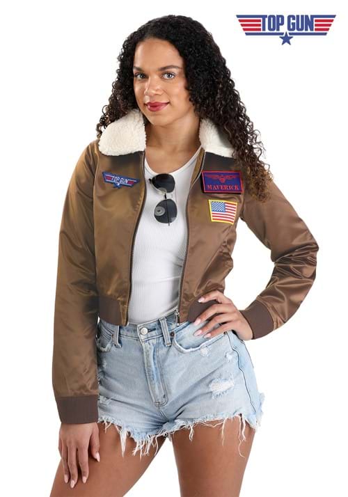 Top Gun Women's Bomber Brown Jacket Costume Front Veiws