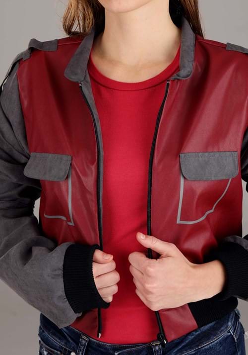 Women's Back to the Future II Marty McFly Costume Red &amp; Gray Jacket Zipper Closer Veiws