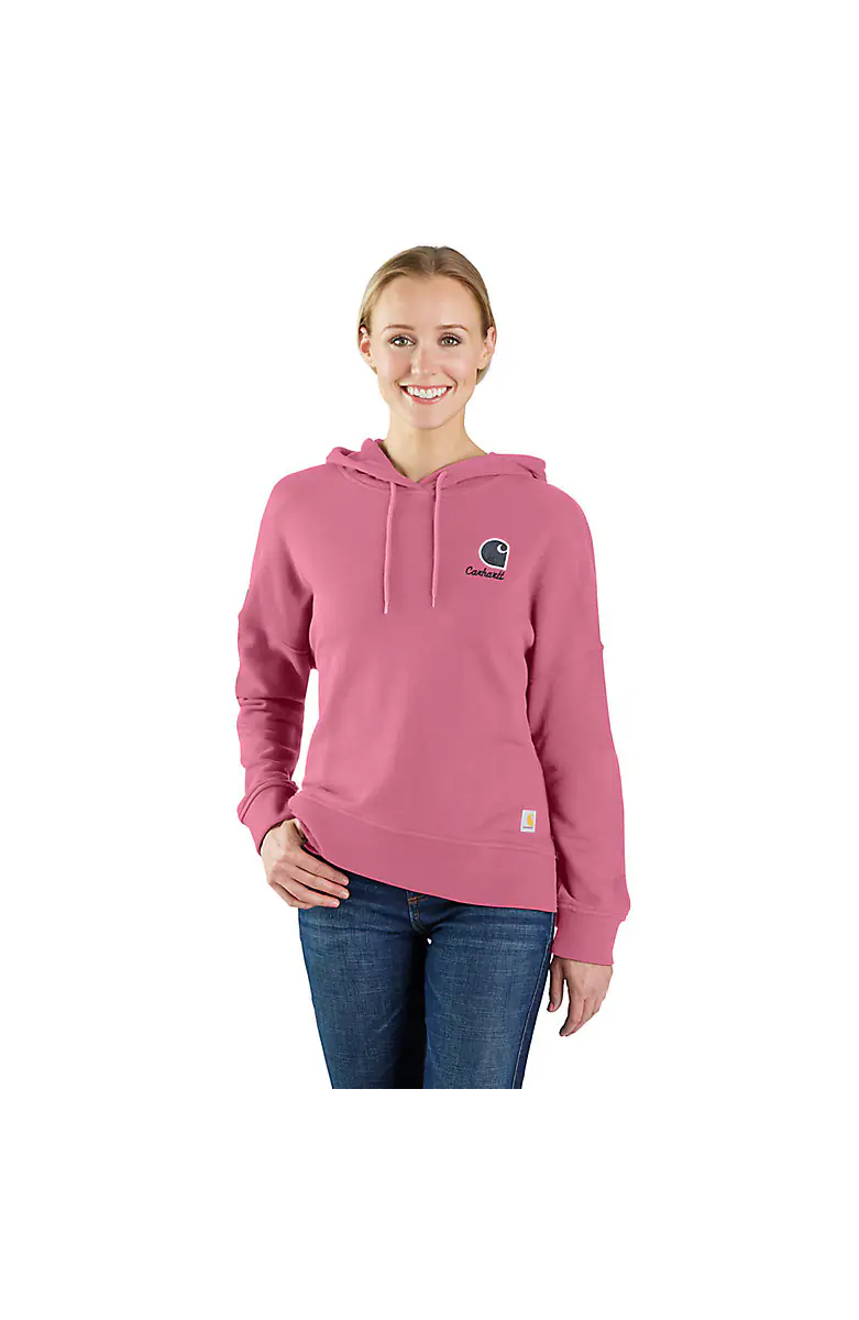 Women's pink hooded sweatshirt with front logo and long sleeves