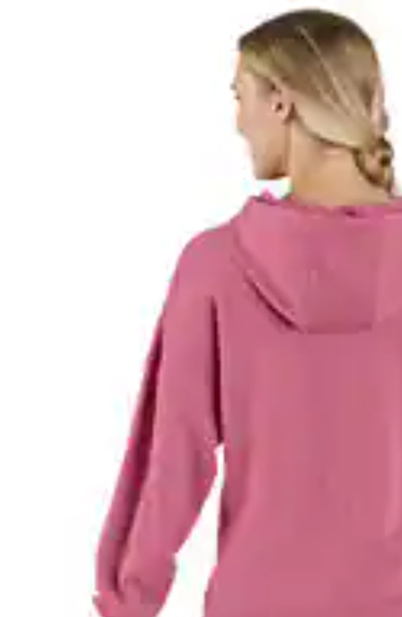 Back view of women's pink hooded sweatshirt with long sleeves