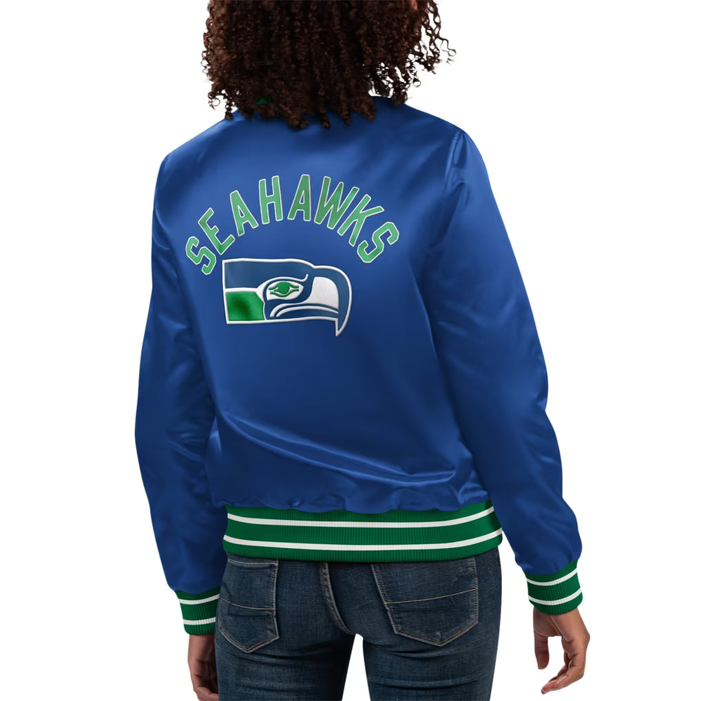 Women’s Seattle Seahawks Satin Varsity Royal Blue & Jacket Back Veiws