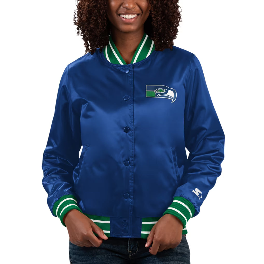 Women’s Seattle Seahawks Satin Varsity Royal Blue & Jacket Front Veiws