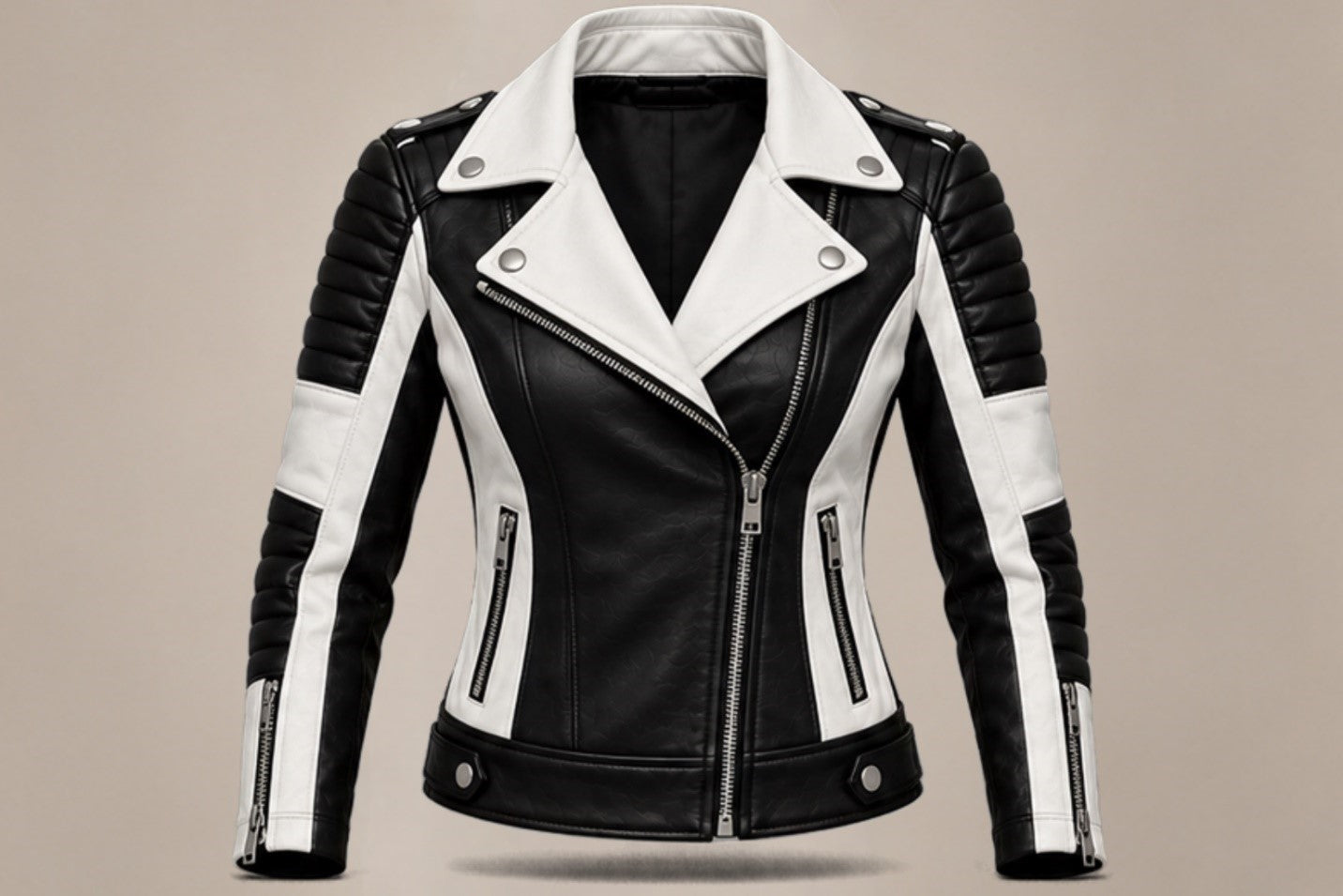 Women’s black and white asymmetrical leather biker jacket front views