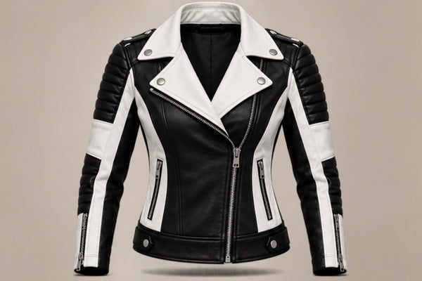 Women’s black and white asymmetrical leather biker jacket front views