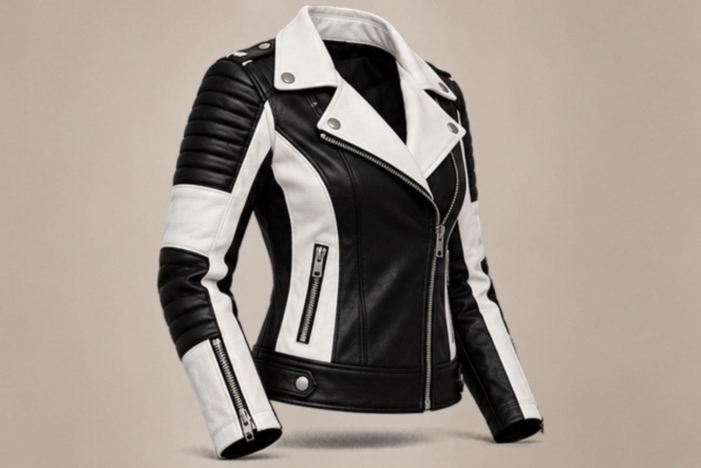 Women’s black and white leather biker jacket left side views