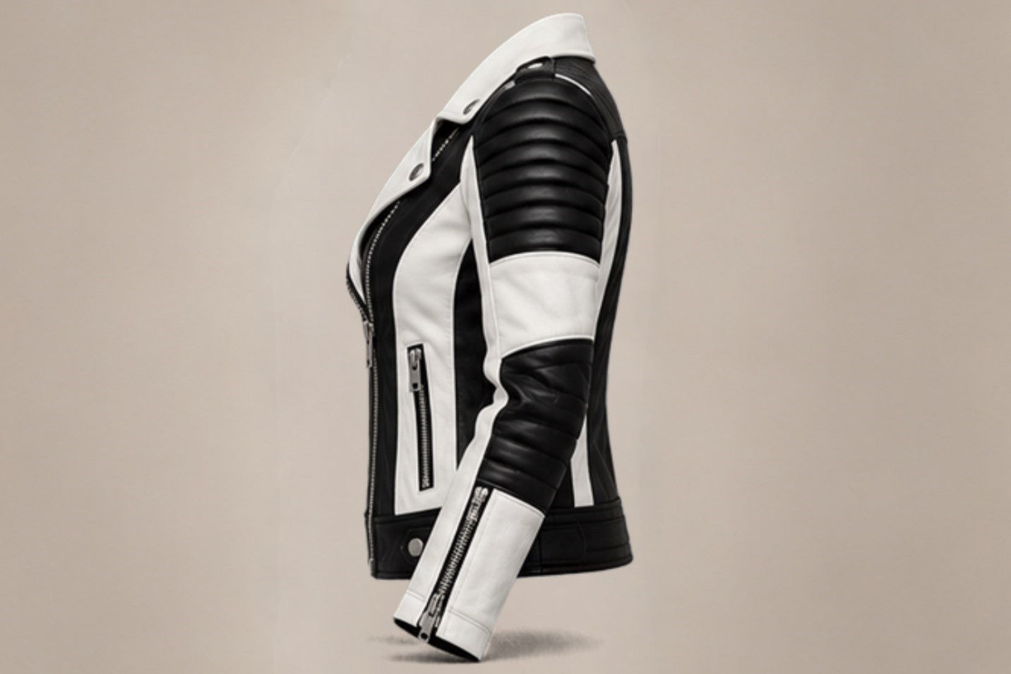 Women’s black and white leather biker jacket right side views