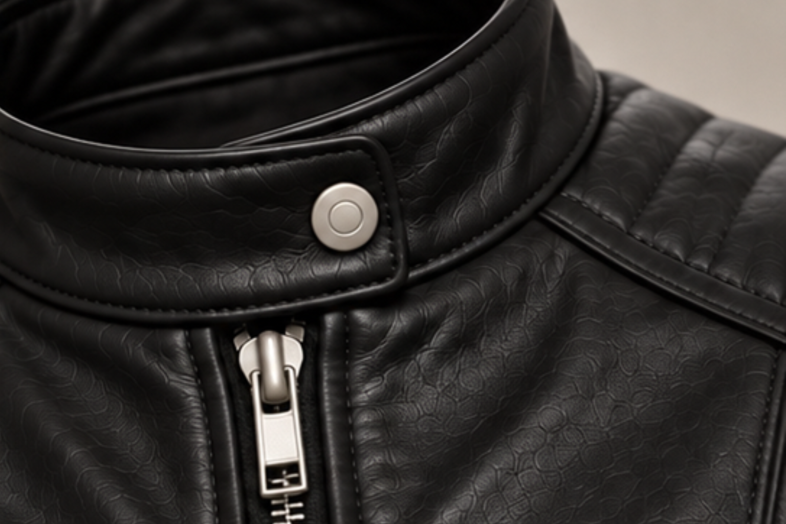 Women’s black leather biker jacket collar and zipper details