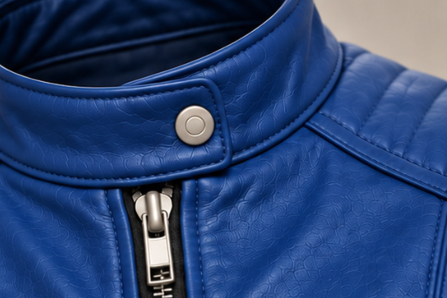 Women’s blue leather biker jacket collar and zipper details