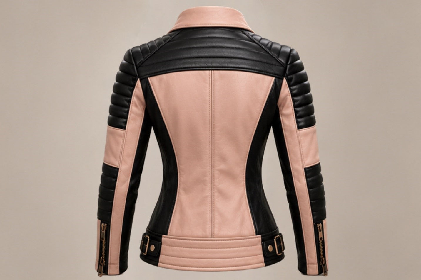 Women’s blush pink and black leather biker jacket back views