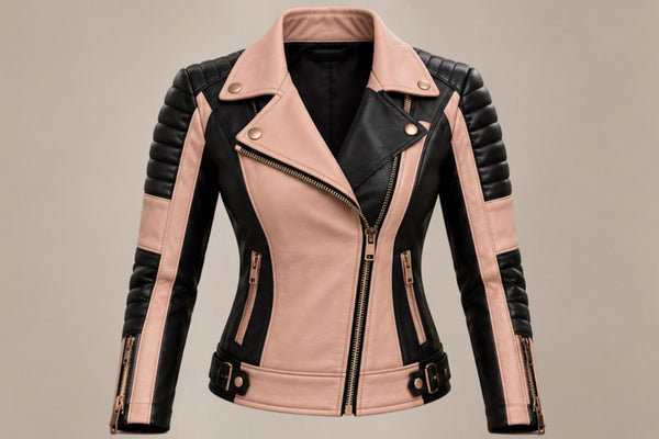 Women’s blush pink and black leather biker jacket front views