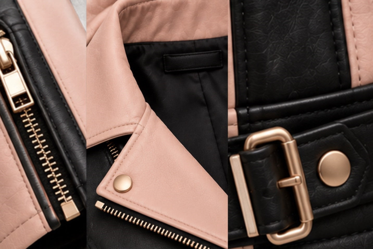 Women’s blush pink and black leather jacket zipper cuff details, Women’s blush pink and black leather jacket lapel collar details, Women’s blush pink and black biker jacket adjustable waist buckle detail