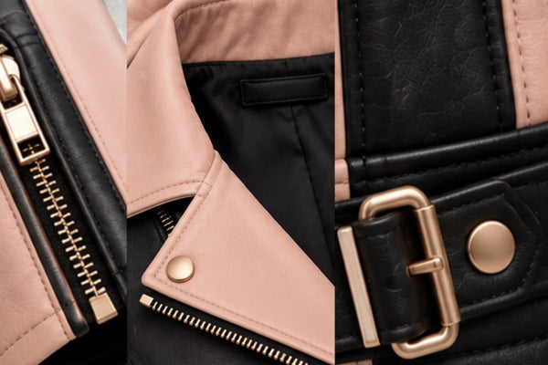 Women’s blush pink and black leather jacket zipper cuff details, Women’s blush pink and black leather jacket lapel collar details, Women’s blush pink and black biker jacket adjustable waist buckle detail
