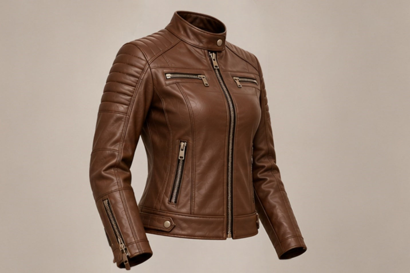 Women’s brown leather biker jacket left side views