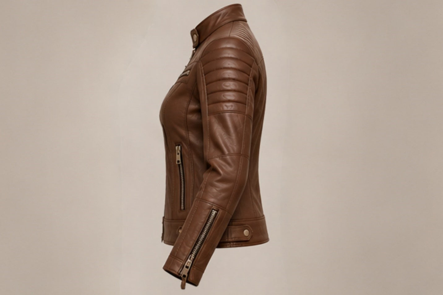 Women’s brown leather biker jacket right side views