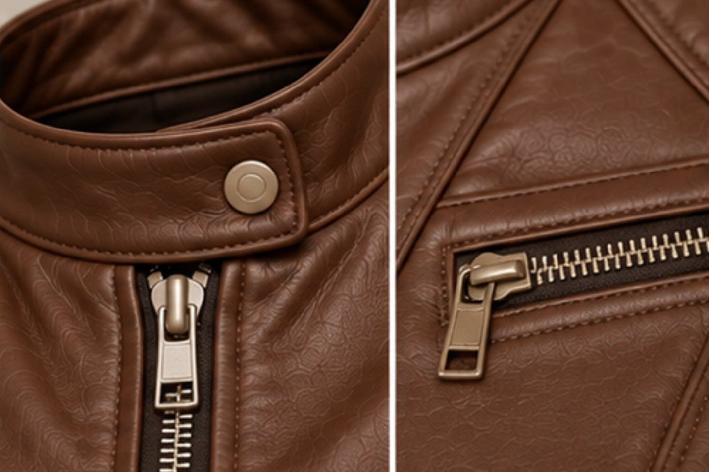 Women’s brown leather biker jacket snap-tab collar details