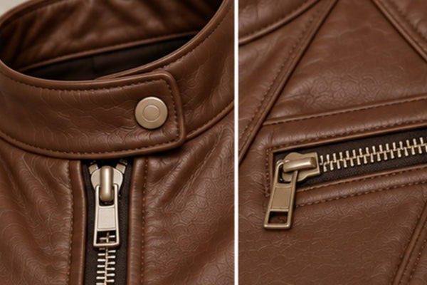 Women’s brown leather biker jacket snap-tab collar details