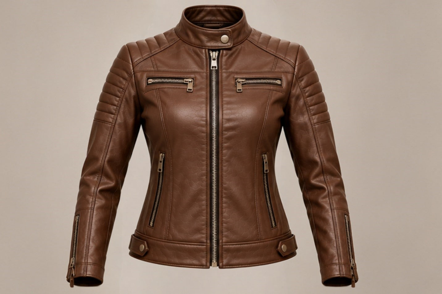Women’s brown quilted leather biker jacket front views