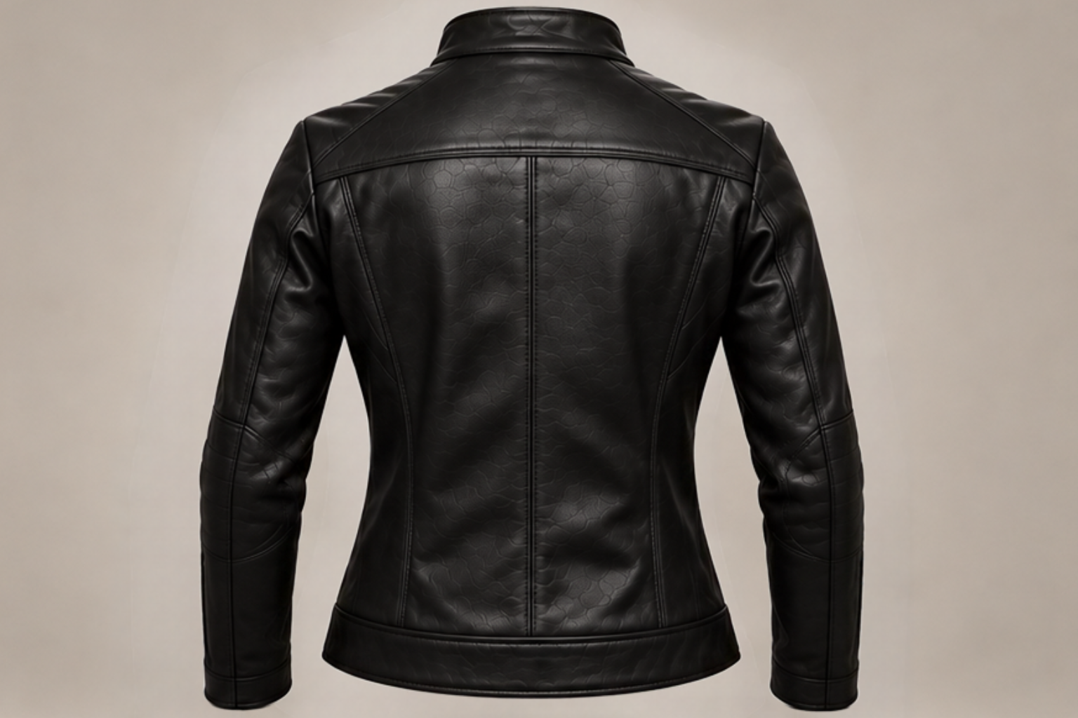 Women’s classic black leather biker jacket back views