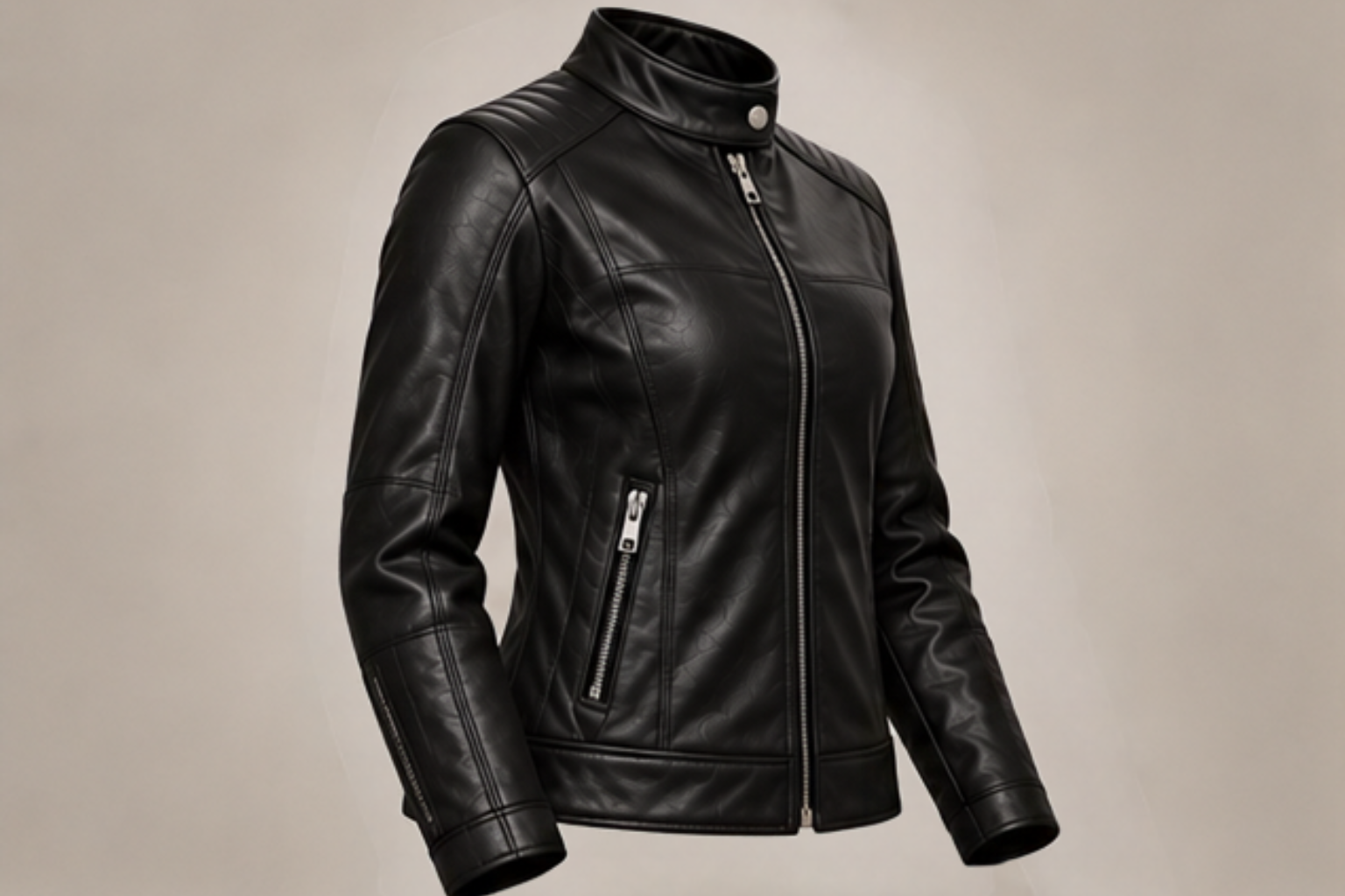 Women’s classic black leather biker jacket left side views