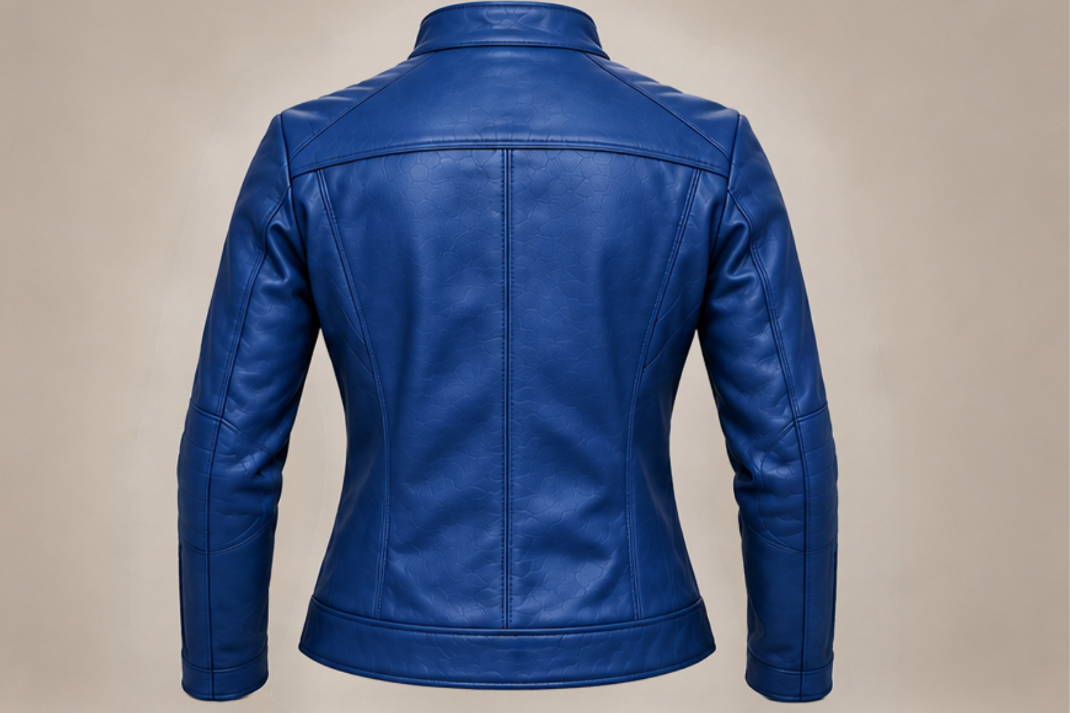 Women’s classic blue leather biker jacket back views