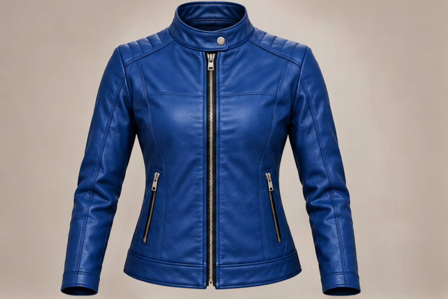 Women’s classic blue leather biker jacket front views