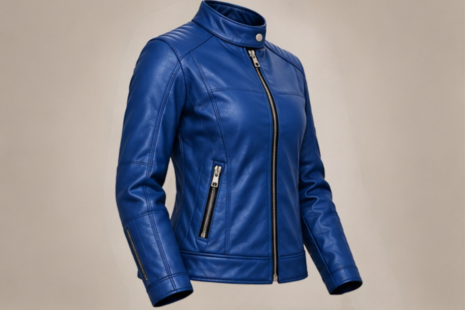 Women’s classic blue leather biker jacket left side views