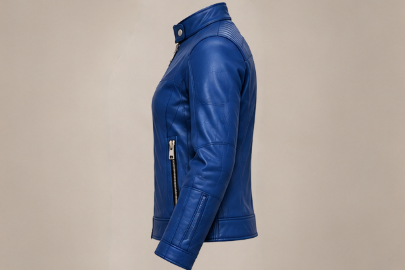 Women’s classic blue leather biker jacket right side views