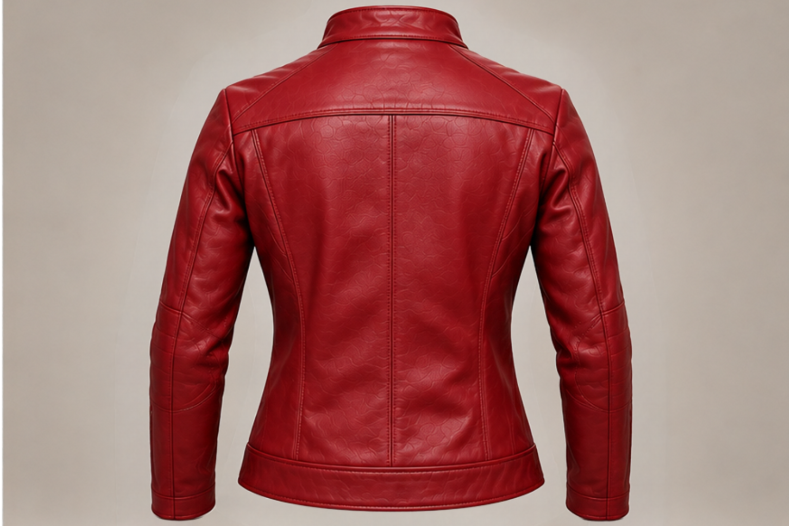 Women’s classic red leather biker jacket back views