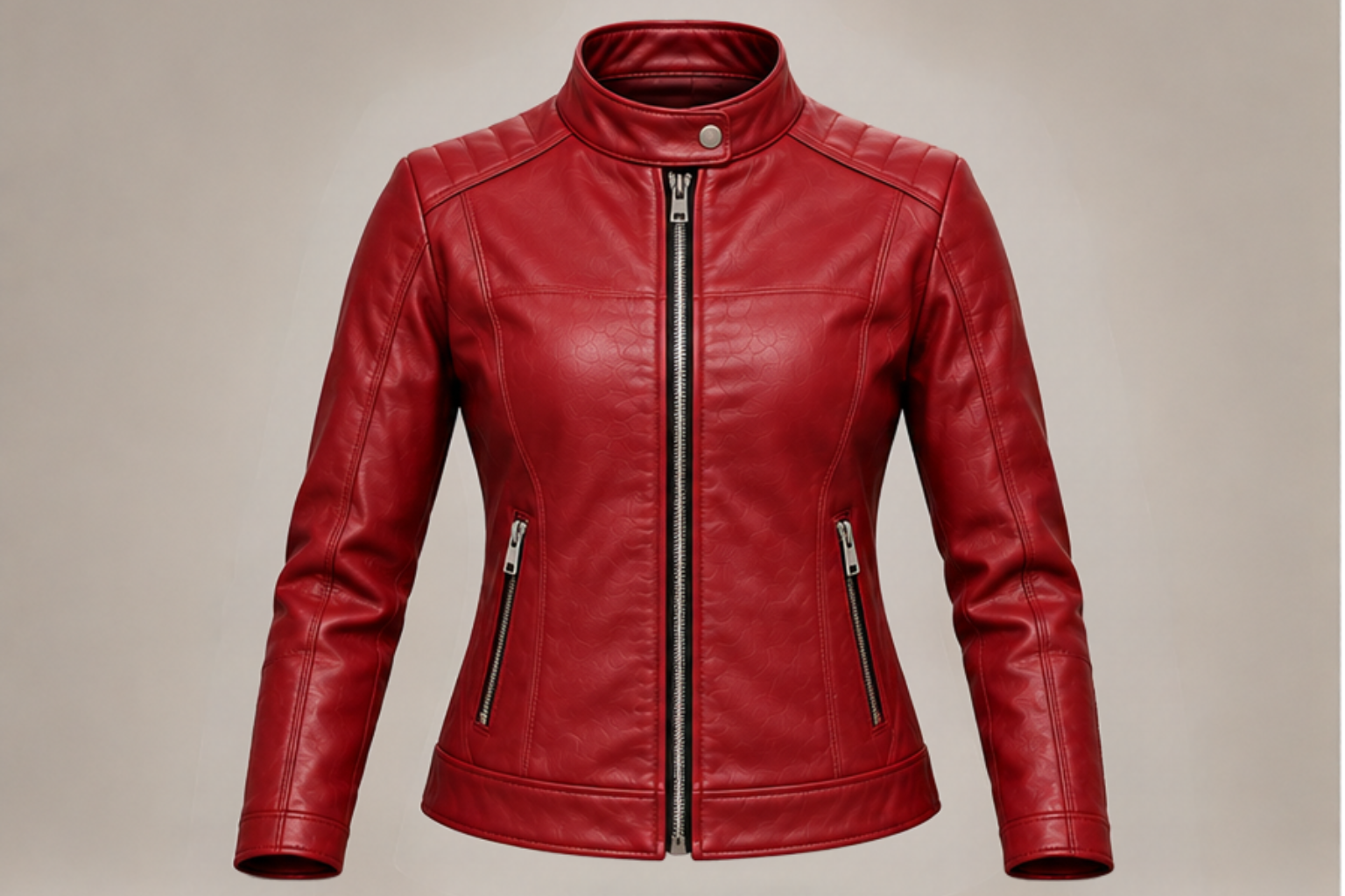 Women’s classic red leather biker jacket front views