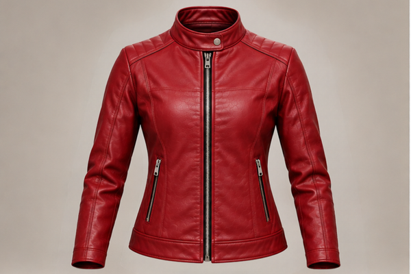 Women’s classic red leather biker jacket front views