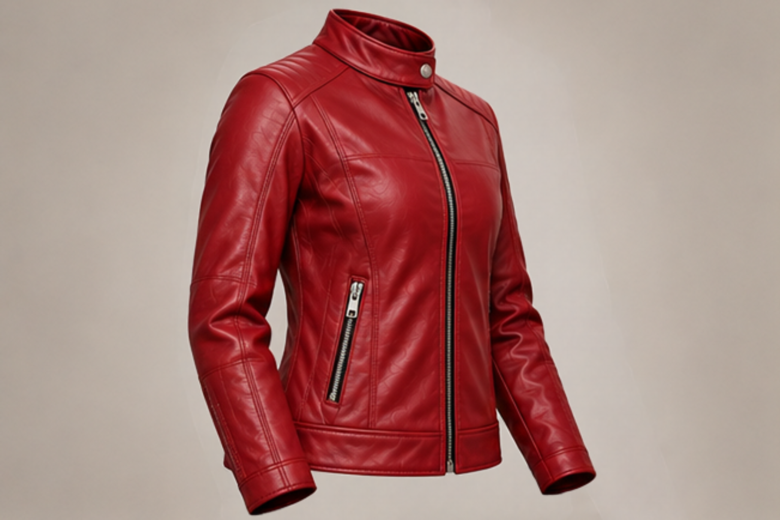 Women’s classic red leather biker jacket left side views