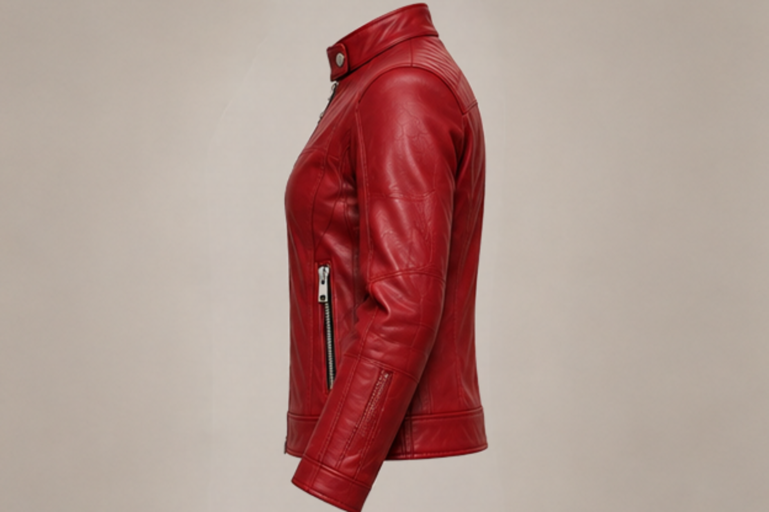 Women’s classic red leather biker jacket right side views