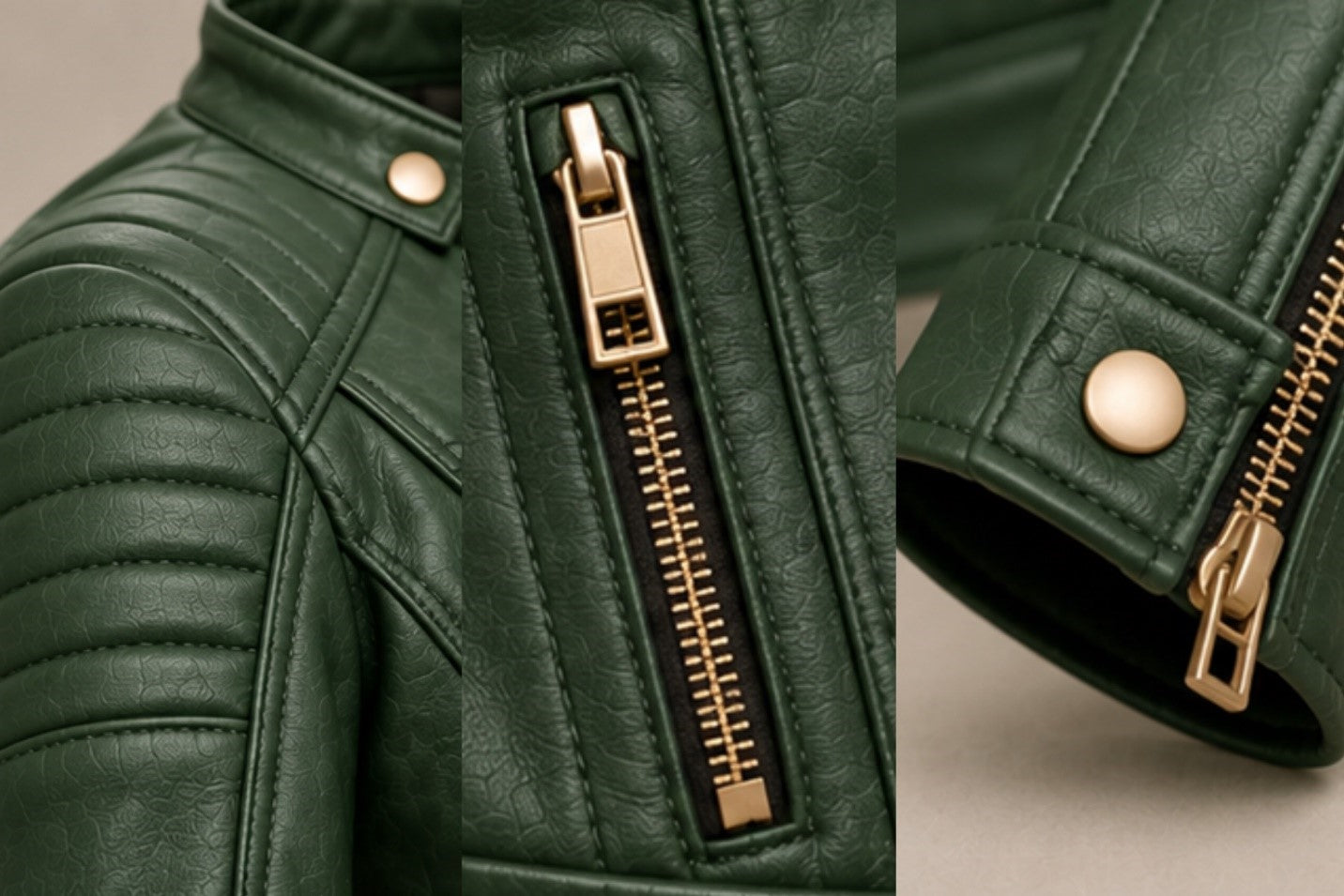 Women’s green leather jacket quilted shoulder details, Women’s green leather biker jacket gold zipper pocket details, Women’s green leather biker jacket zipper cuff details
