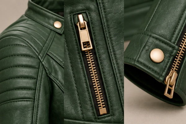 Women’s green leather jacket quilted shoulder details, Women’s green leather biker jacket gold zipper pocket details, Women’s green leather biker jacket zipper cuff details