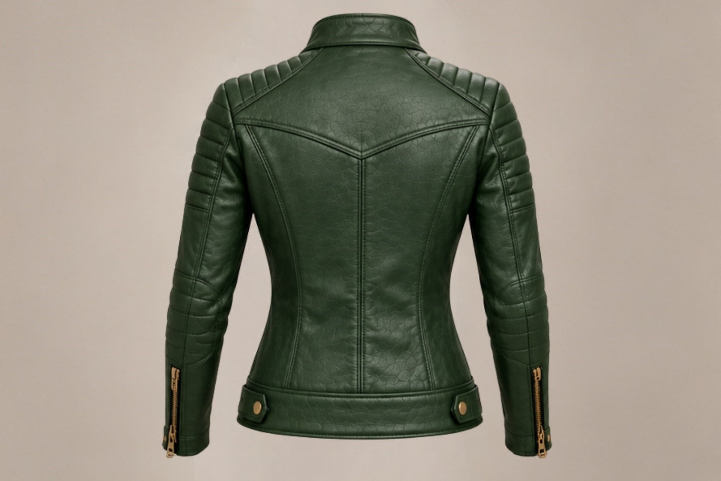 Women’s green quilted leather biker jacket back views