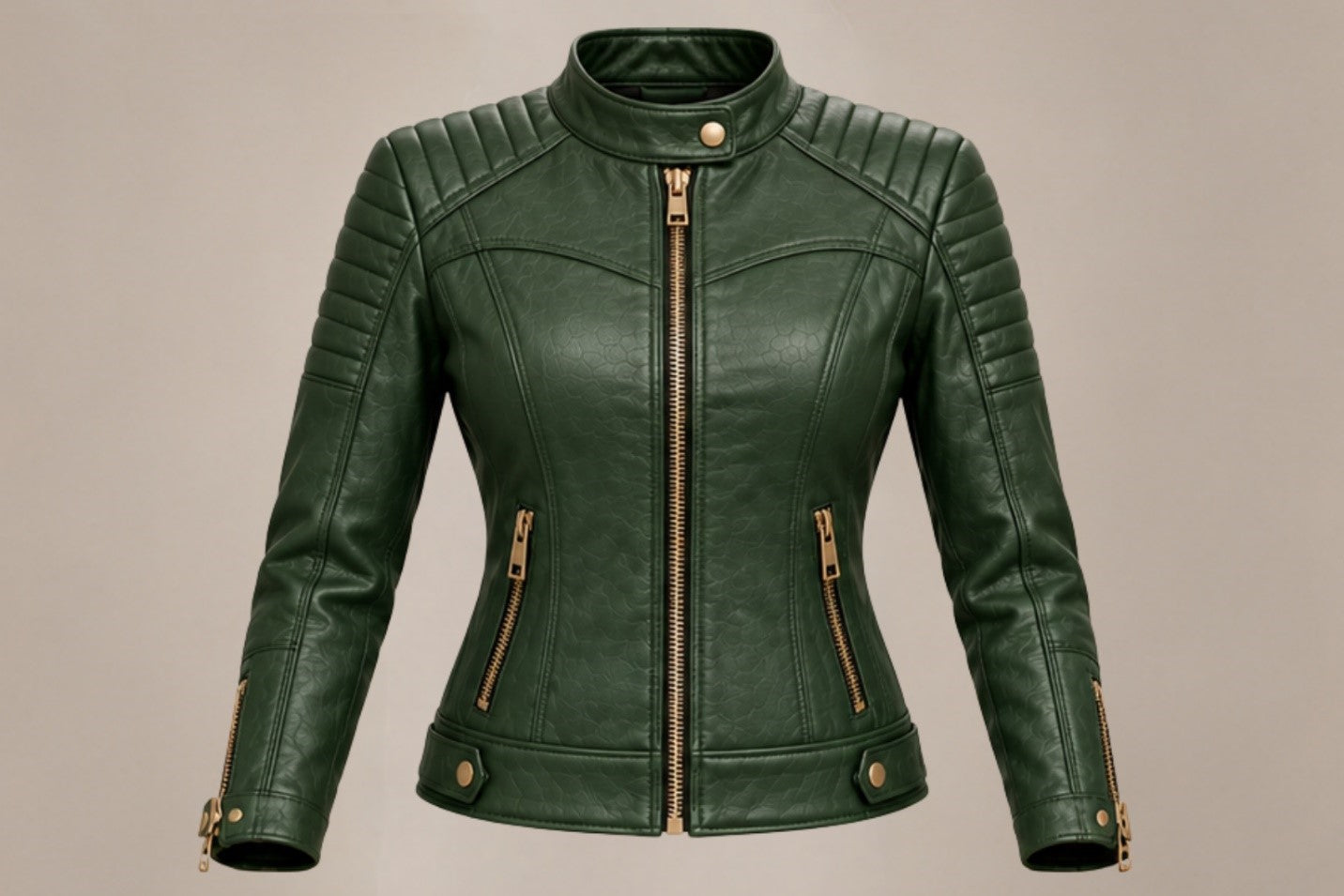Women’s green quilted leather biker jacket front views