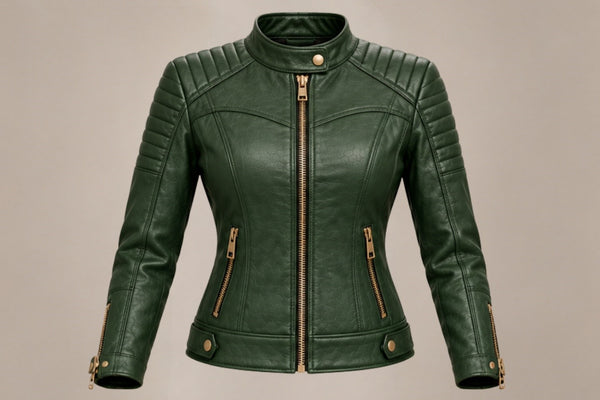 Women’s green quilted leather biker jacket front views