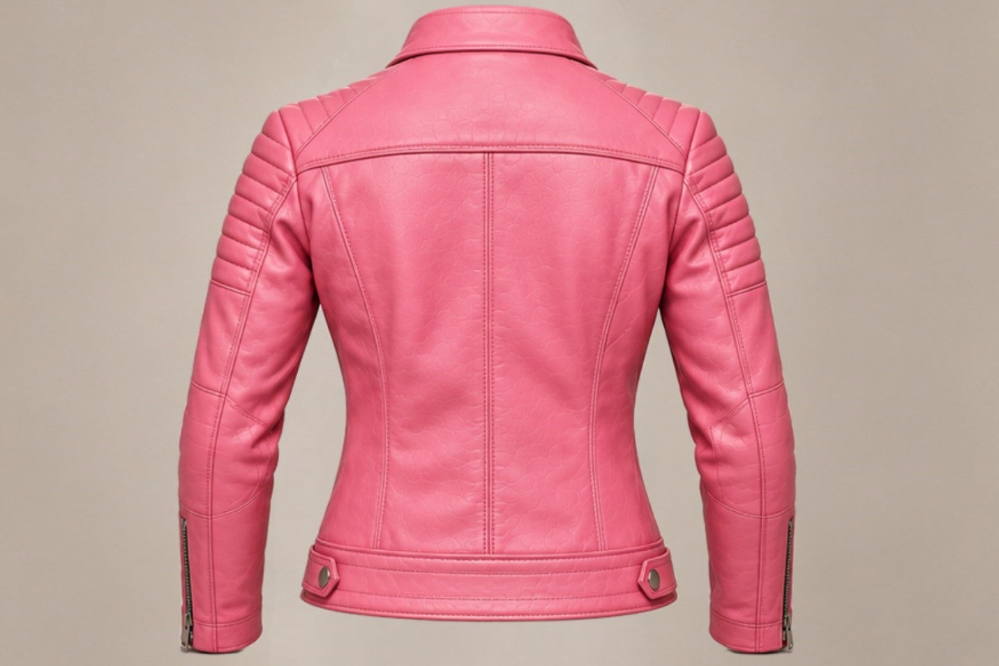 Women’s pink classic leather biker jacket back views