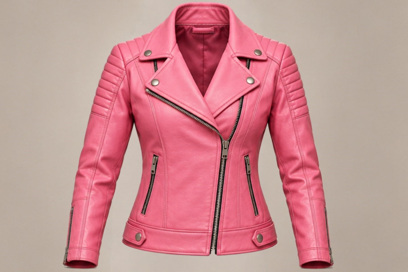 Women’s pink classic leather biker jacket front views