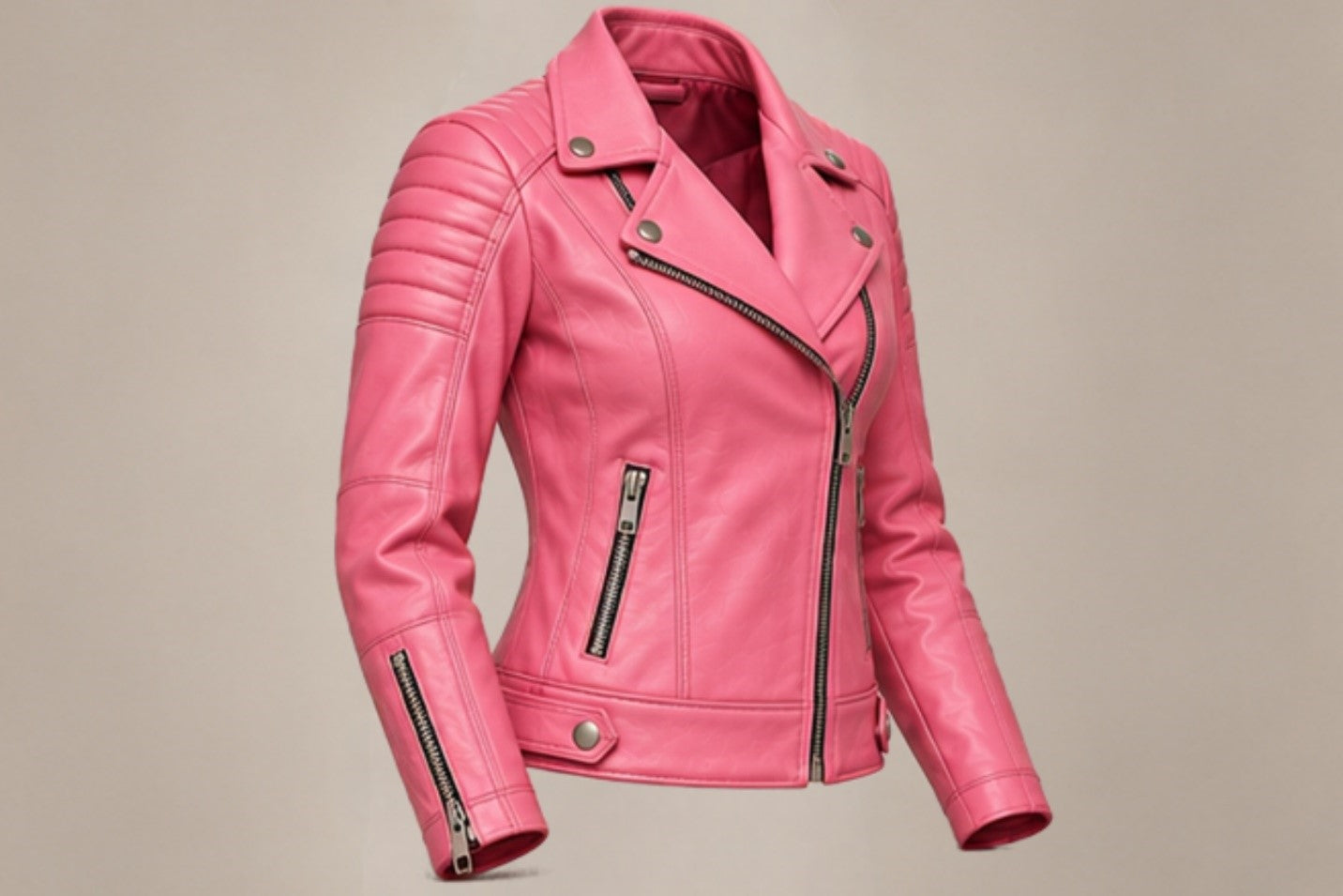 Women’s pink leather biker jacket Style 1 left side views