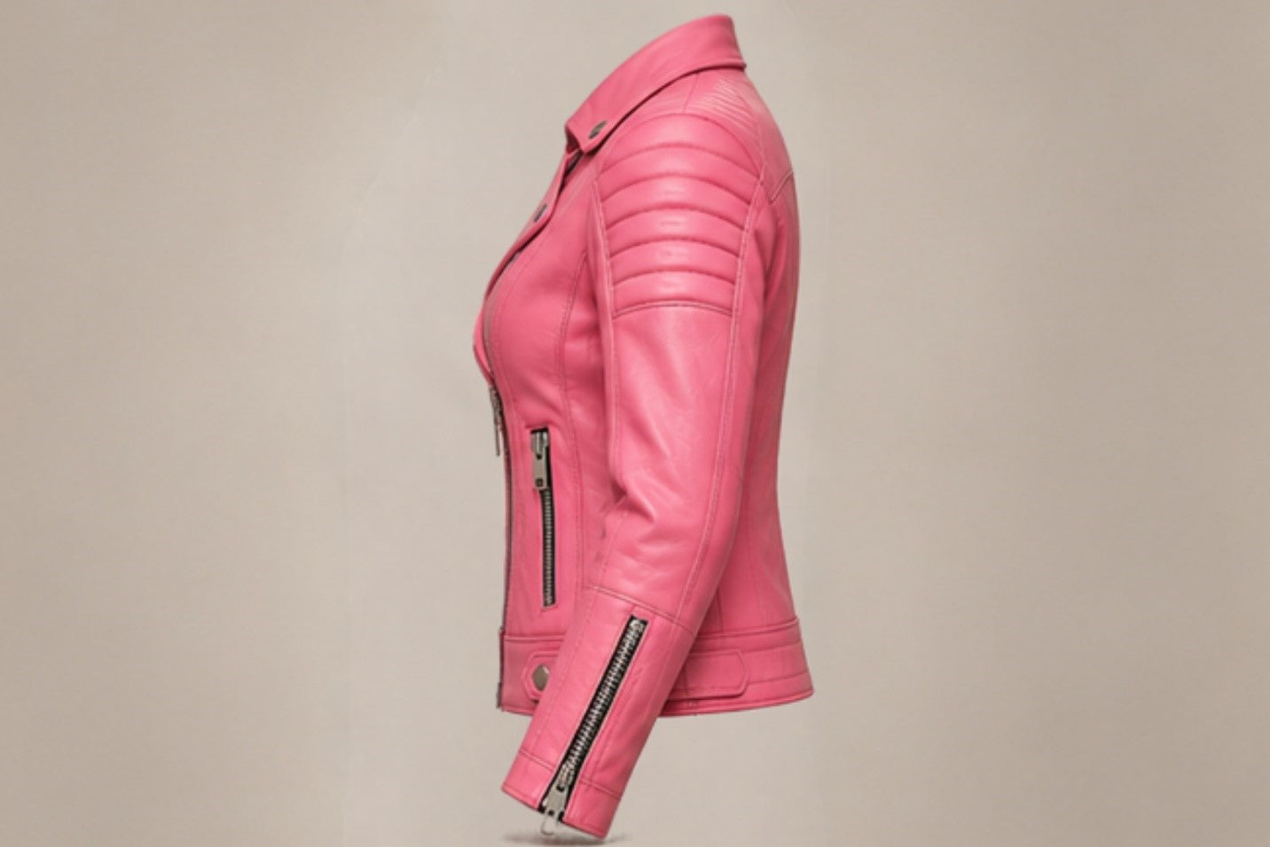 Women’s pink leather biker jacket Style 1 right side views