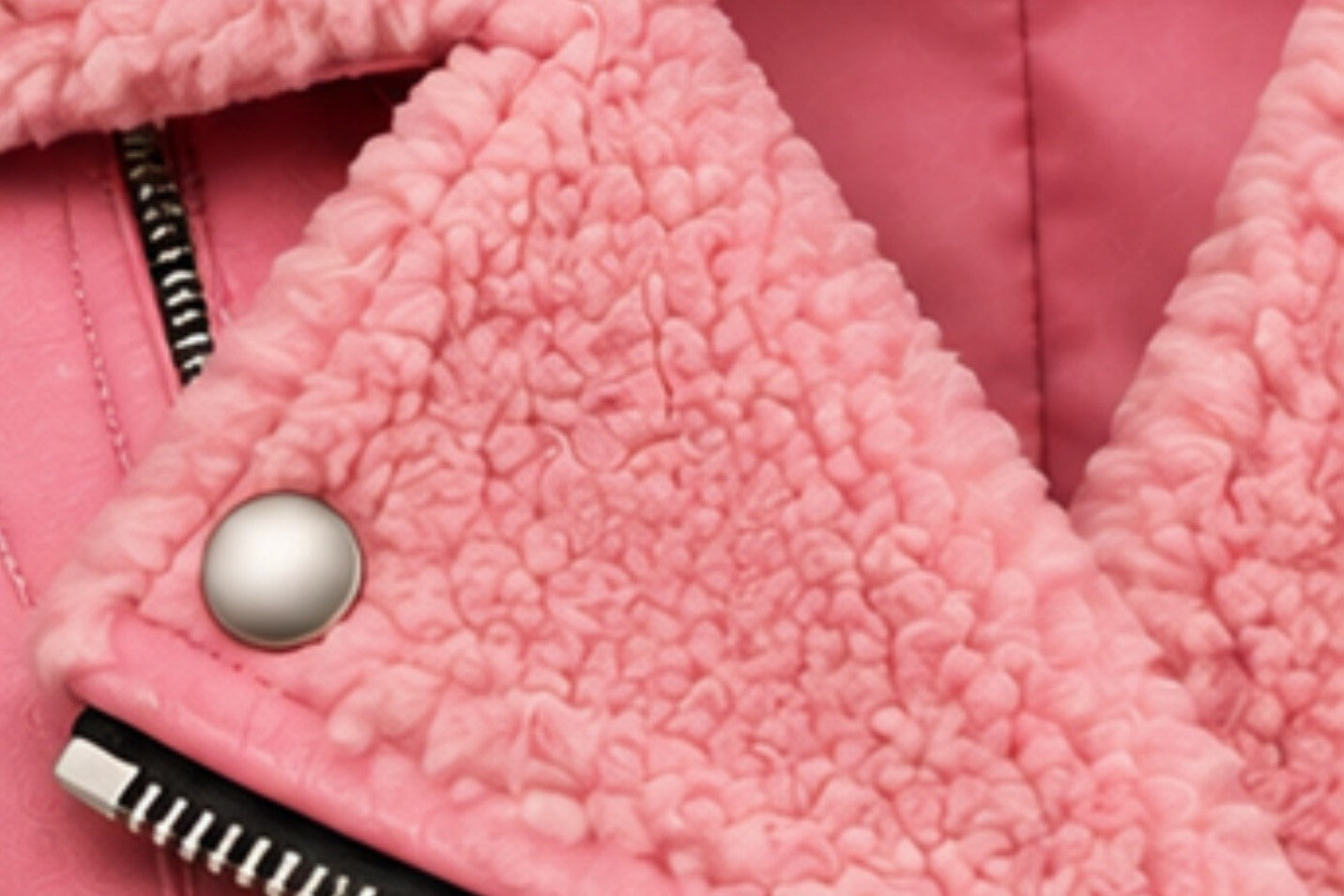 Women’s pink leather biker jacket soft shearling collar details