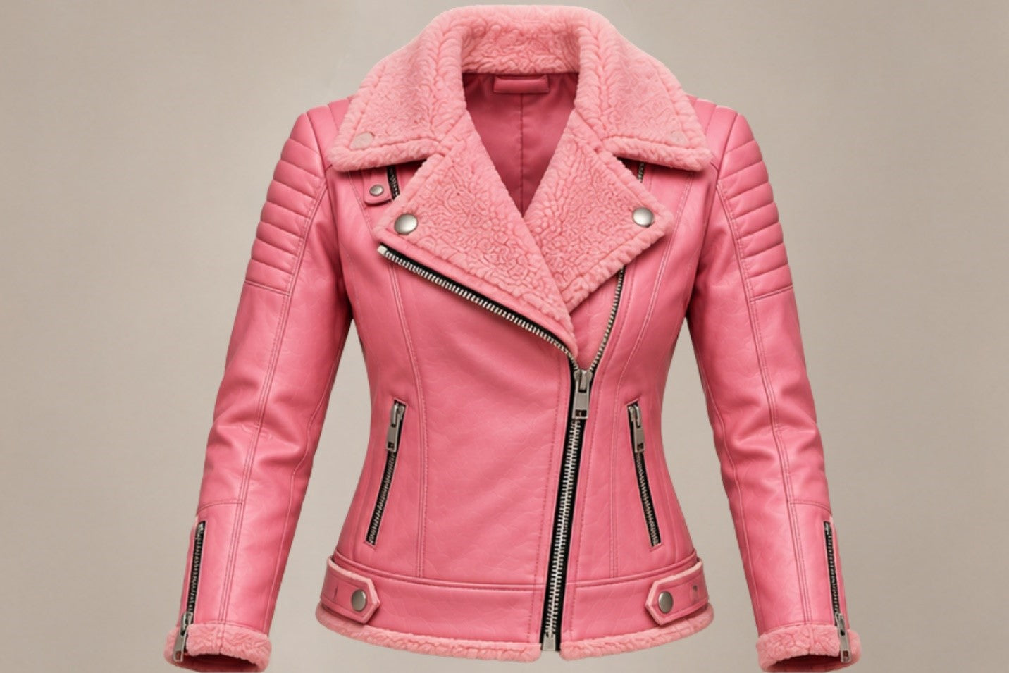 Women’s pink shearling collar leather biker jacket front views